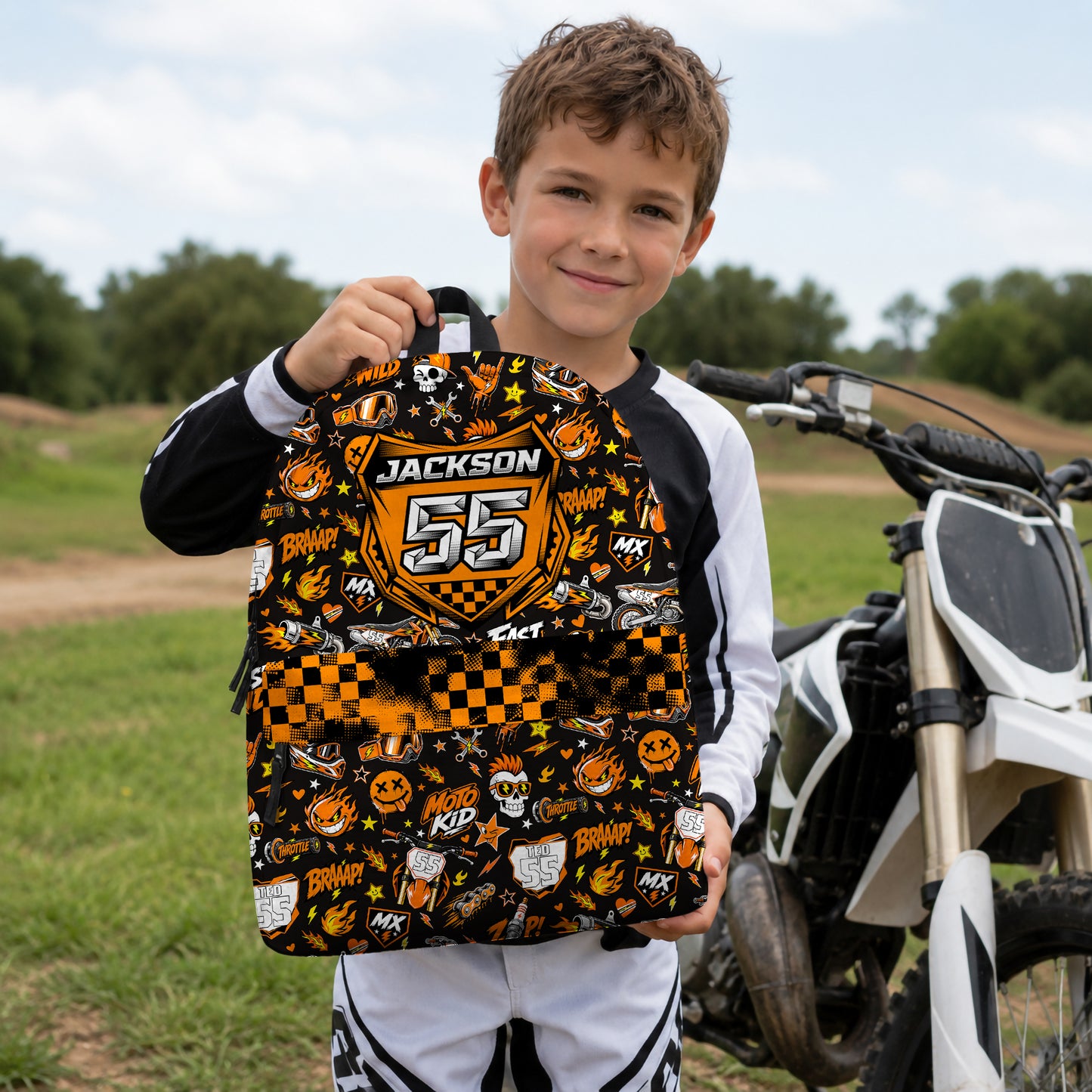 Personalized KTM Dirt Bike Backpack – Custom Name & Race Number