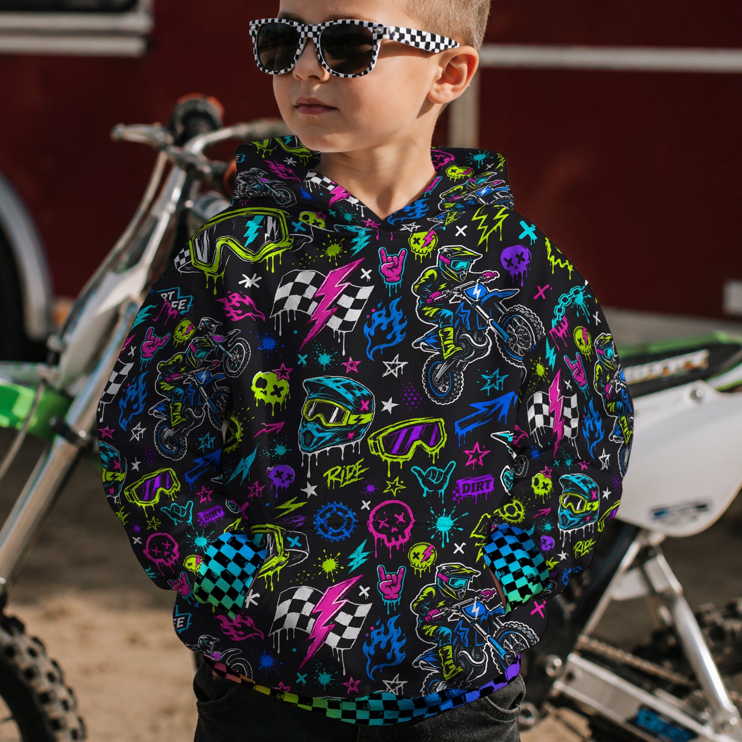 Kids Neon Dirt Bike Cotton Hoodie Personalized
