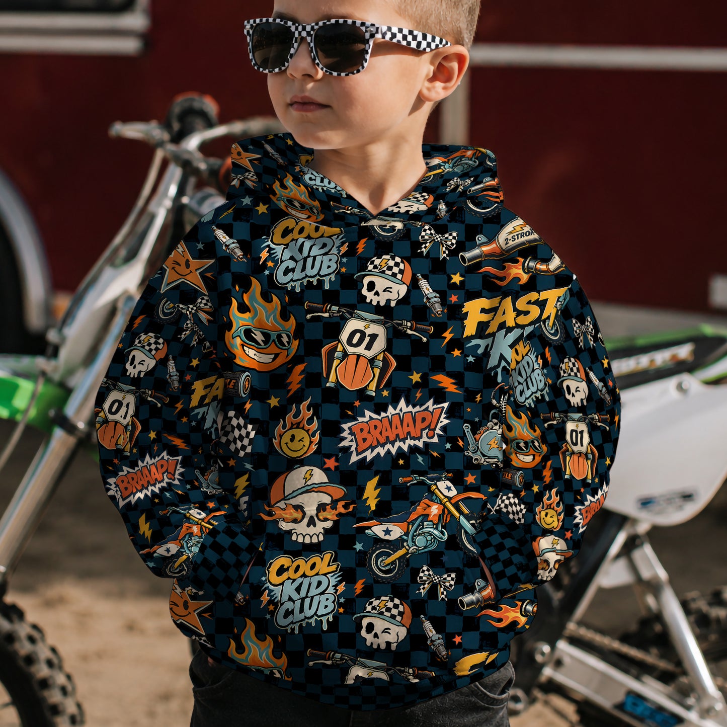Kids 2-Stroke Vintage Dirt Bike Cotton Hoodie Personalized