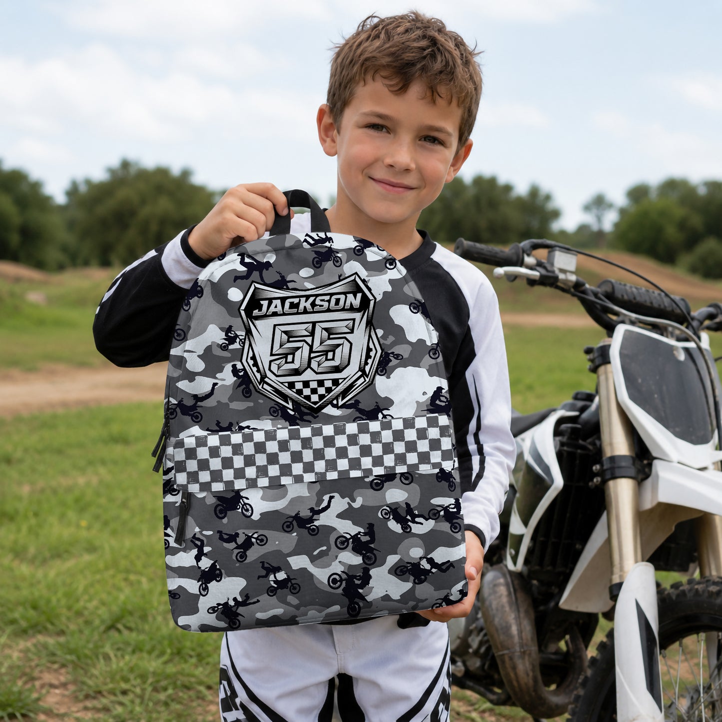 Personalized Camo Dirt Bike Backpack – Custom Name & Race Number