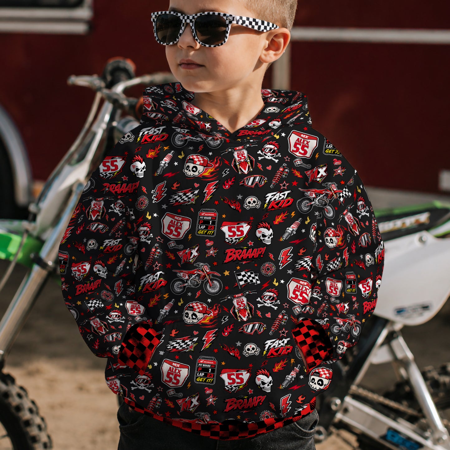 Kids Honda Red Motocross Cotton Hoodie Personalized