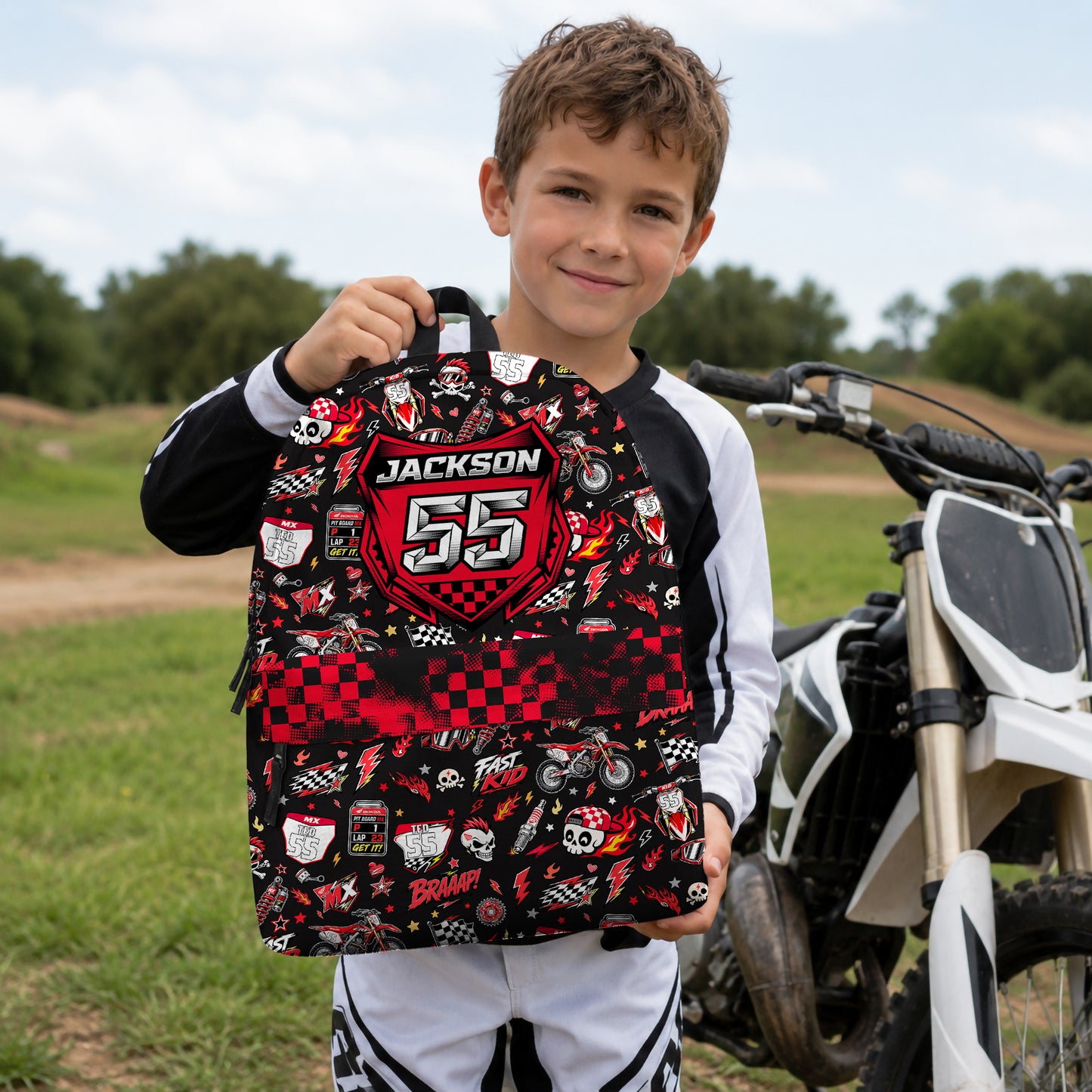 Personalized Honda Dirt Bike Backpack – Custom Name & Race Number