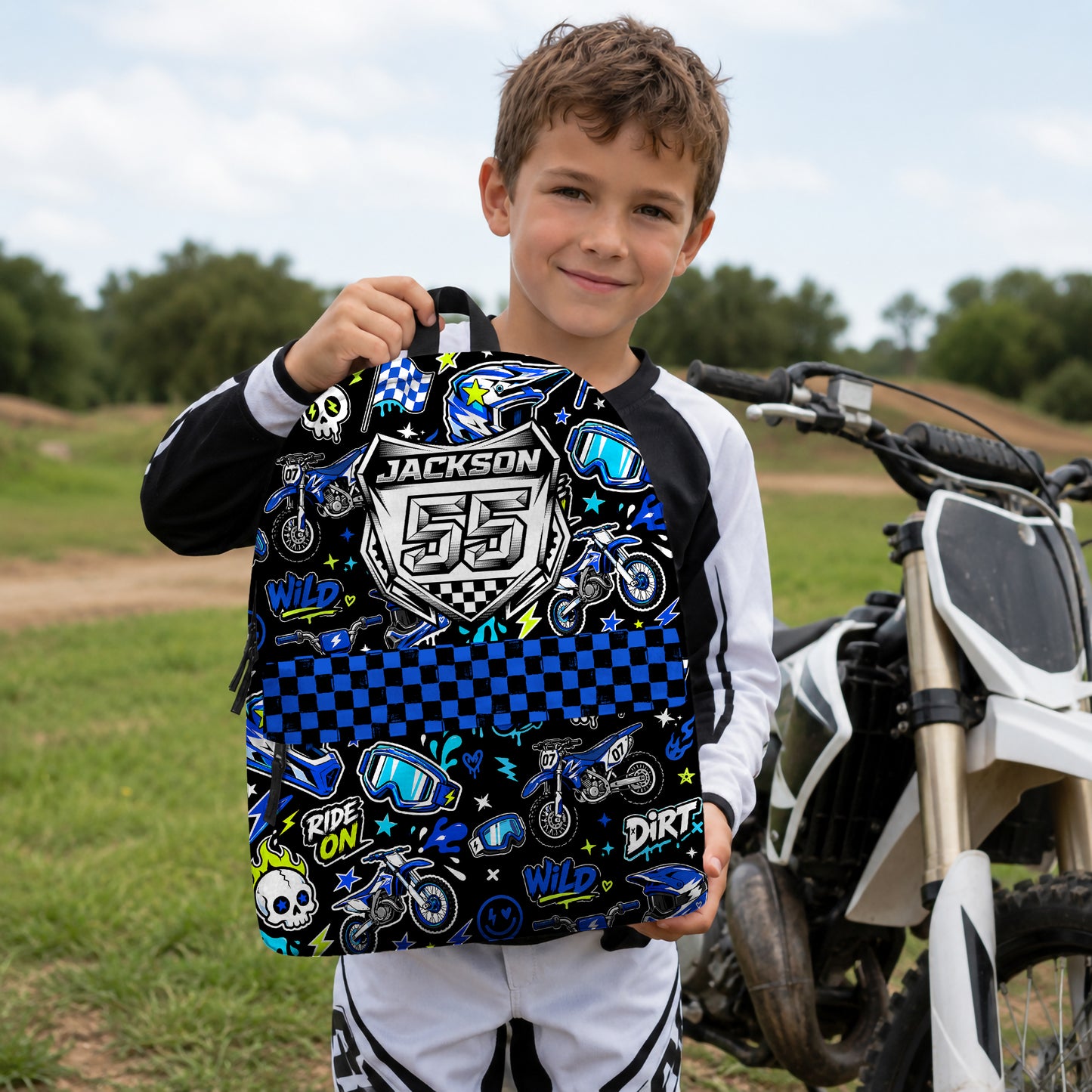 Personalized Team Blue Dirt Bike Backpack – Custom Name & Race Number