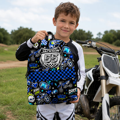 Personalized Team Blue Dirt Bike Backpack – Custom Name & Race Number