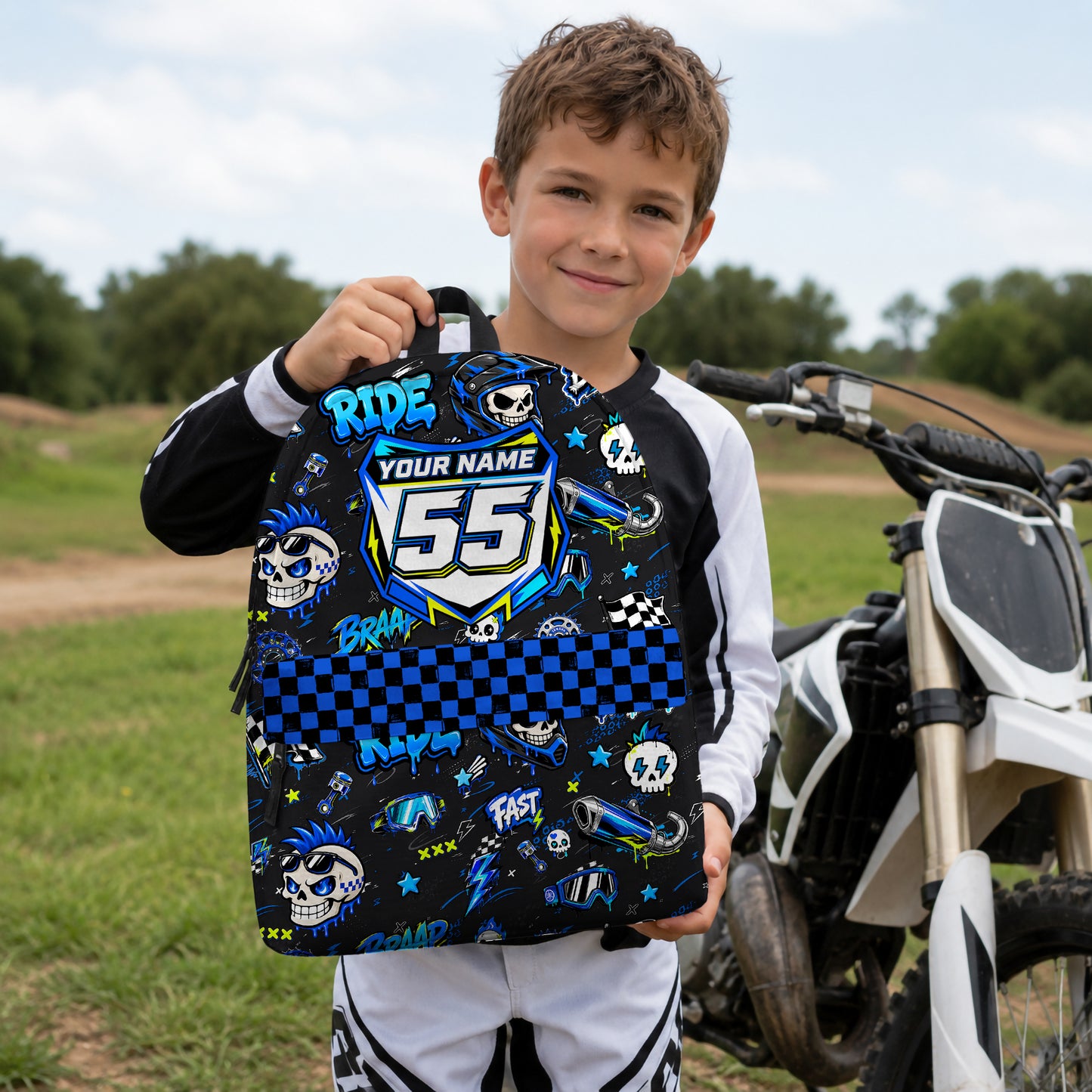 Personalized Team Blue Dirt Bike Backpack – Custom Name & Race Number