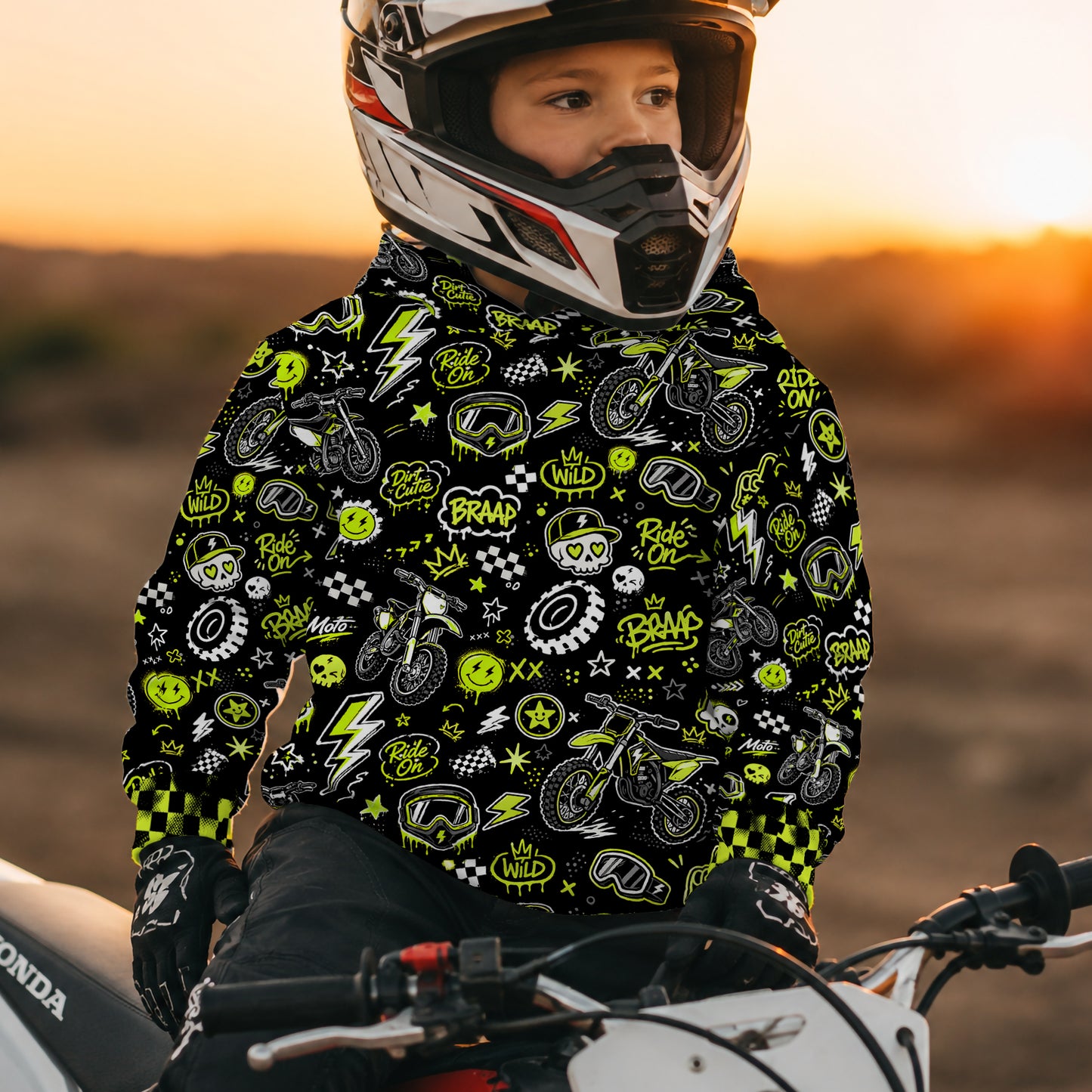 Kids Neon Green Dirt Bike Cotton Hoodie Personalized