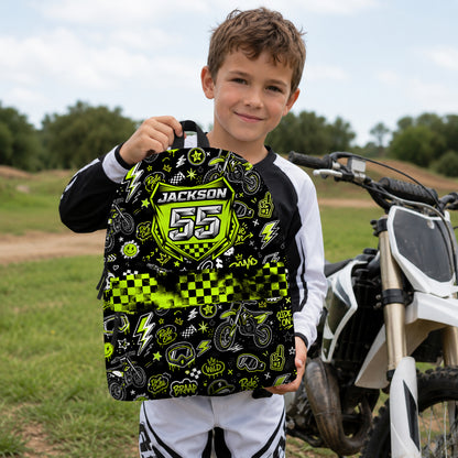 Personalized Team Green Dirt Bike Backpack – Custom Name & Race Number