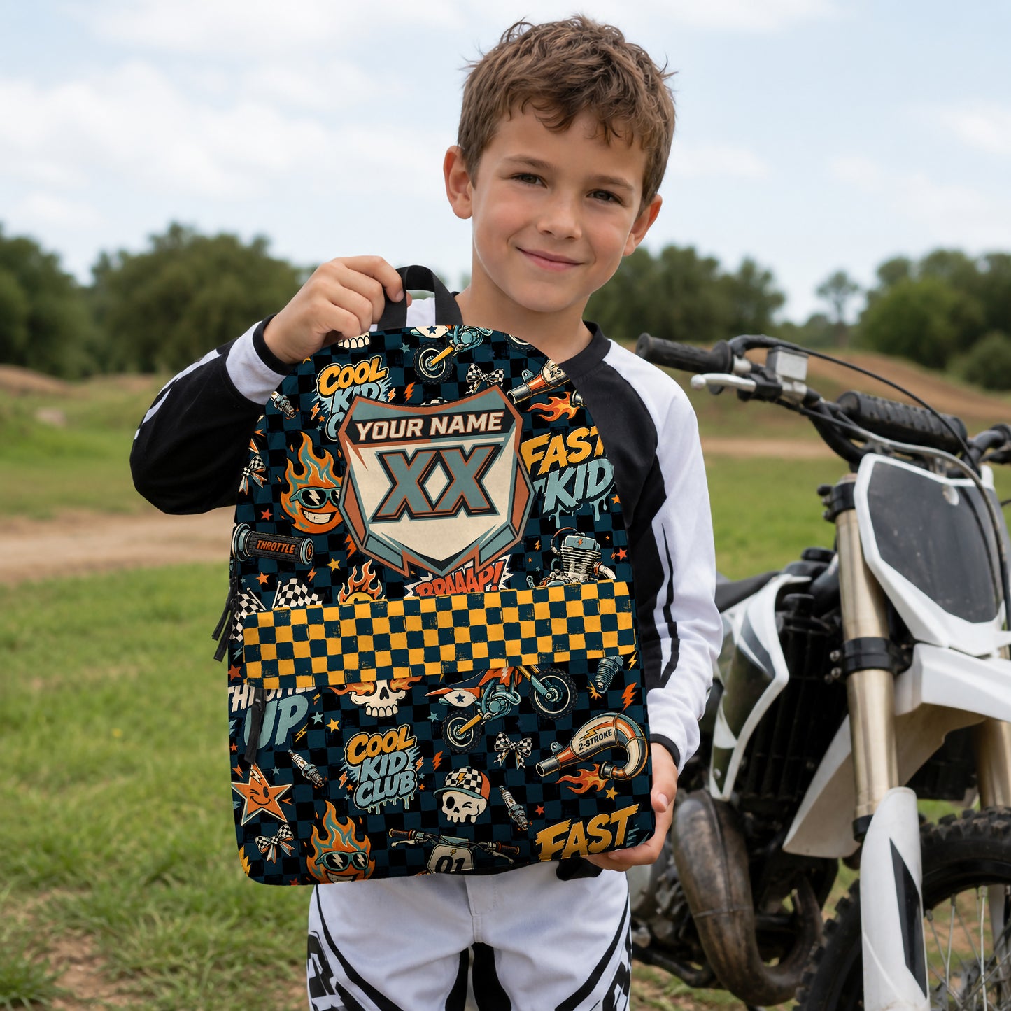 Personalized Vintage Dirt Bike Backpack – Custom Name & Race Number