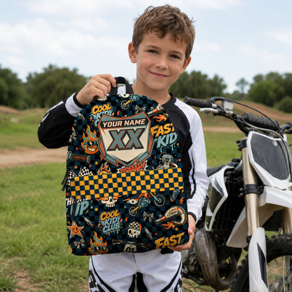 Personalized Vintage Dirt Bike Backpack – Custom Name & Race Number