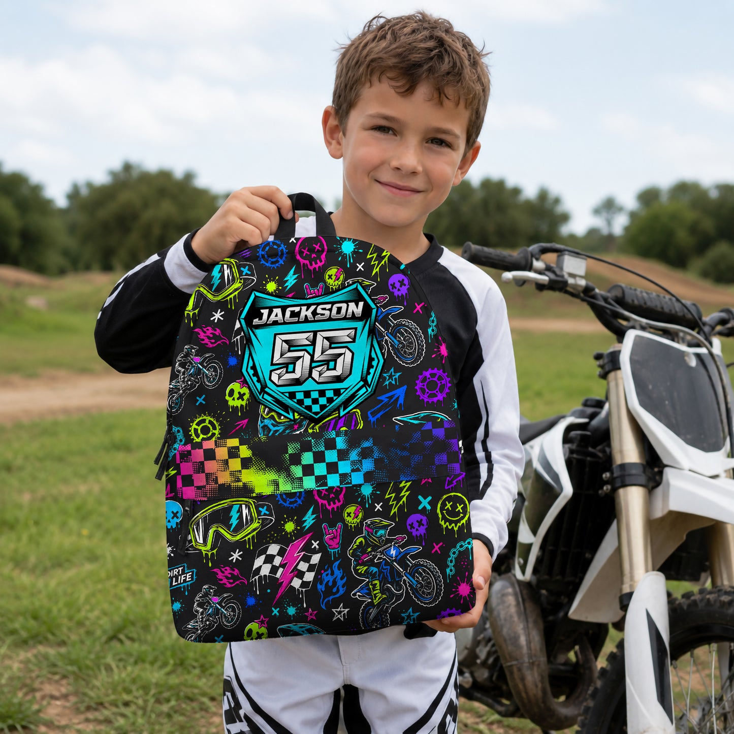 Personalized Team Neon Dirt Bike Backpack – Custom Name & Race Number