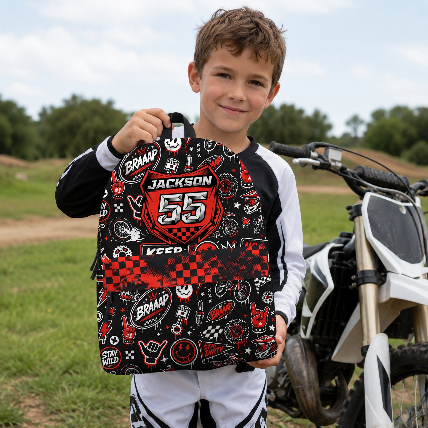 Personalized Team Red Dirt Bike Backpack – Custom Name & Race Number