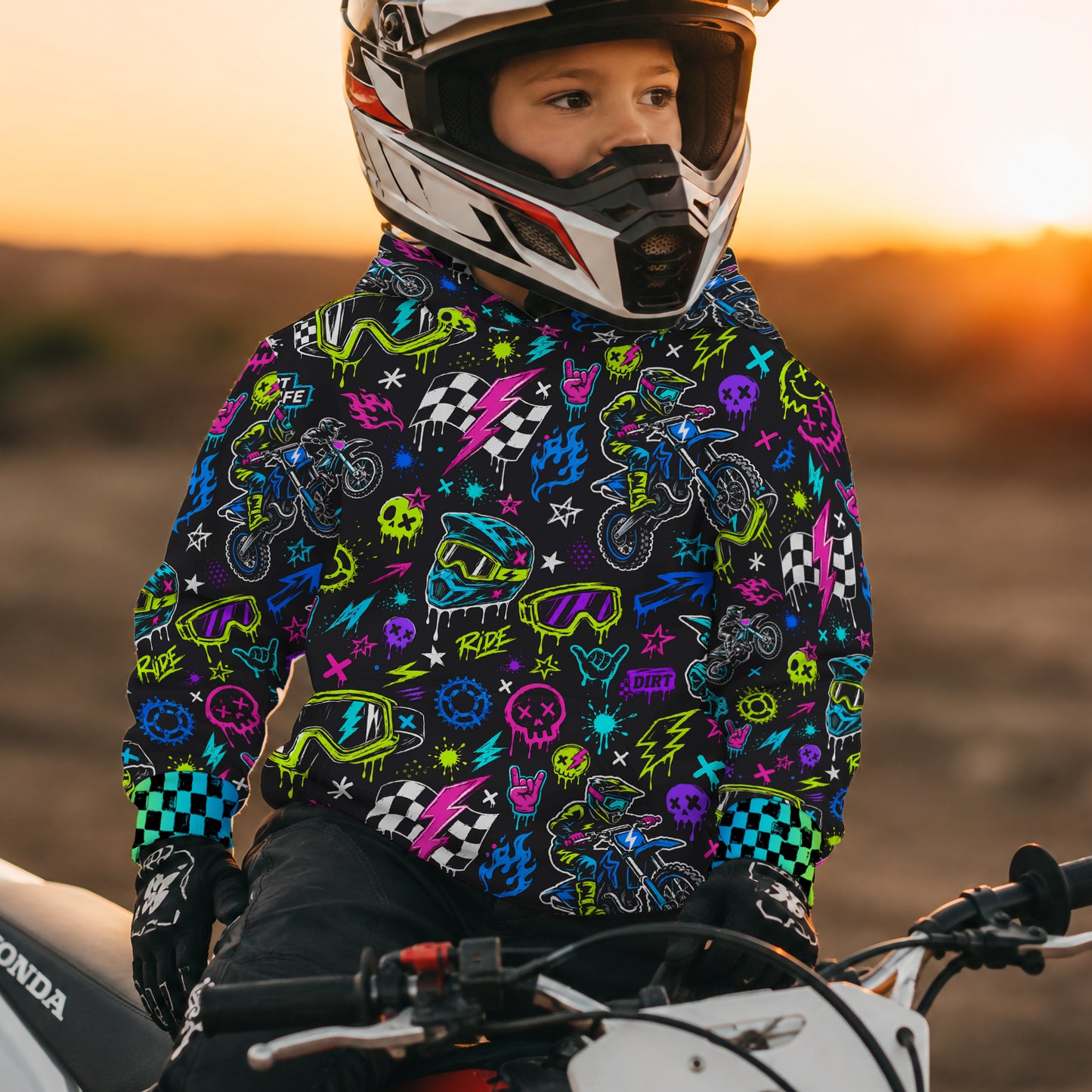 Kids Neon Dirt Bike Cotton Hoodie Personalized
