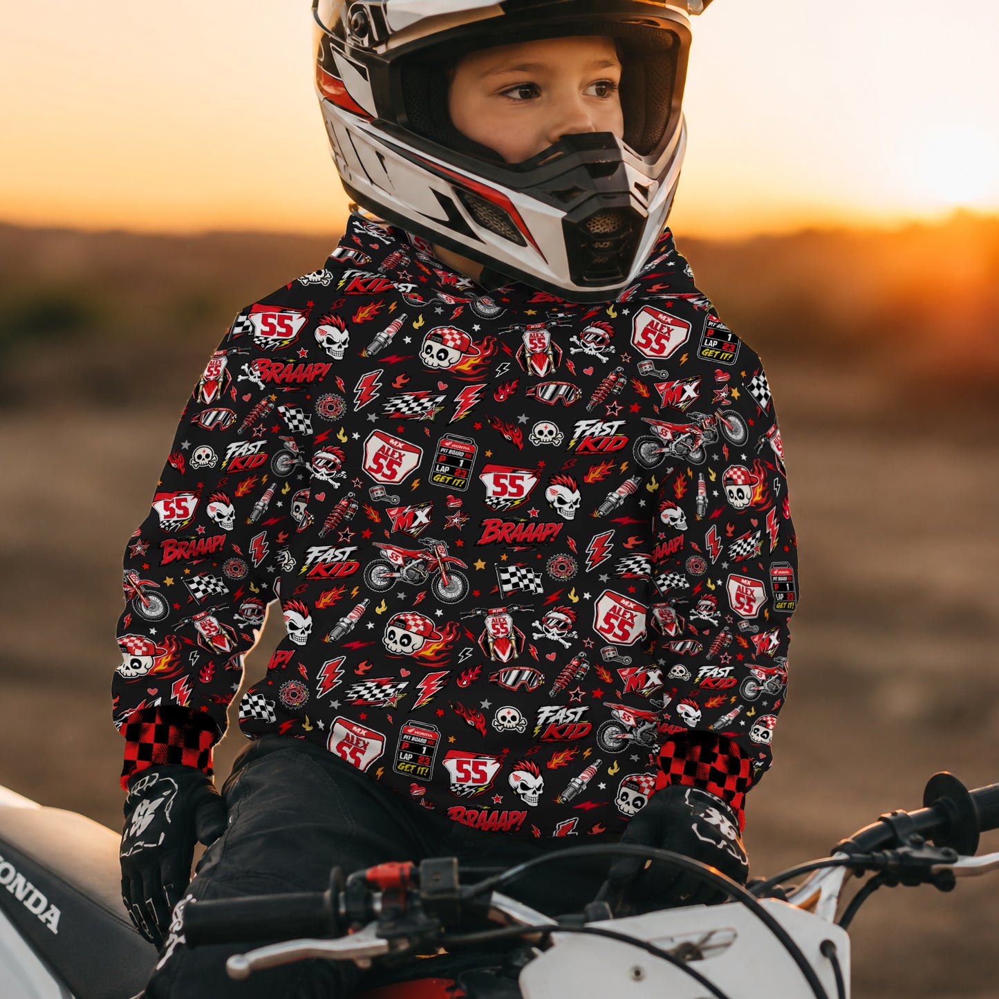 Kids Honda Red Motocross Cotton Hoodie Personalized