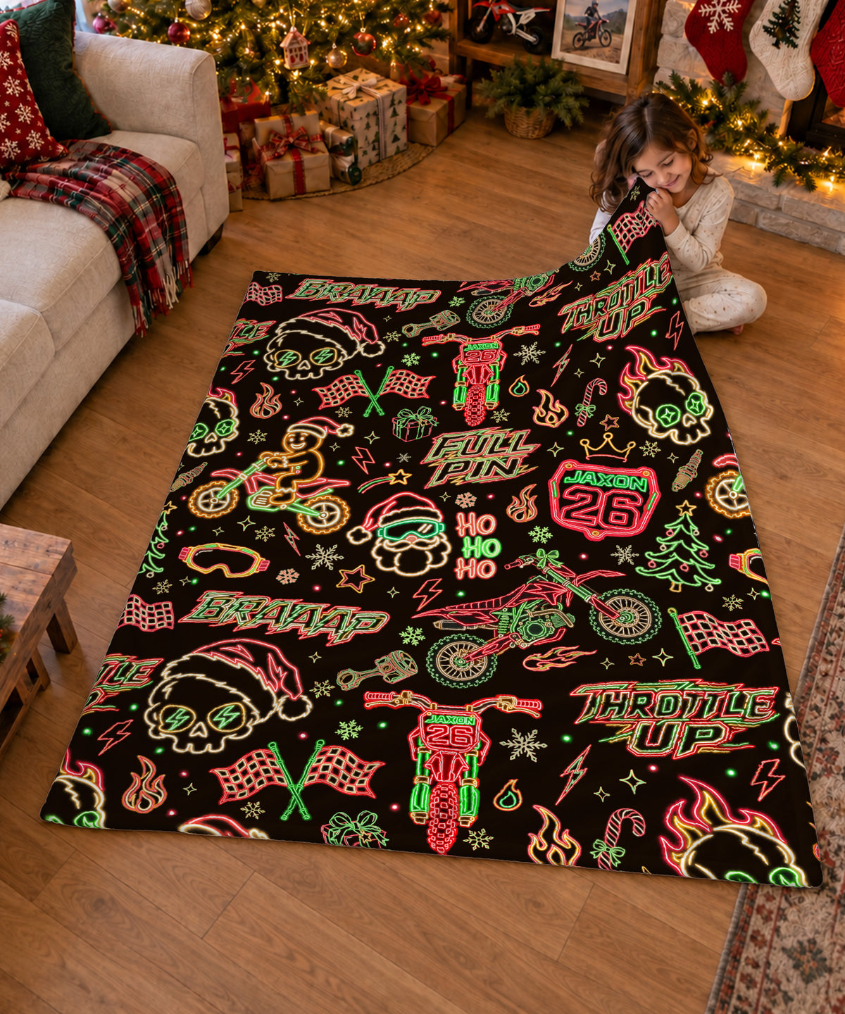 Personalized Neon Glow Dirt Bike Christmas Sherpa Blanket