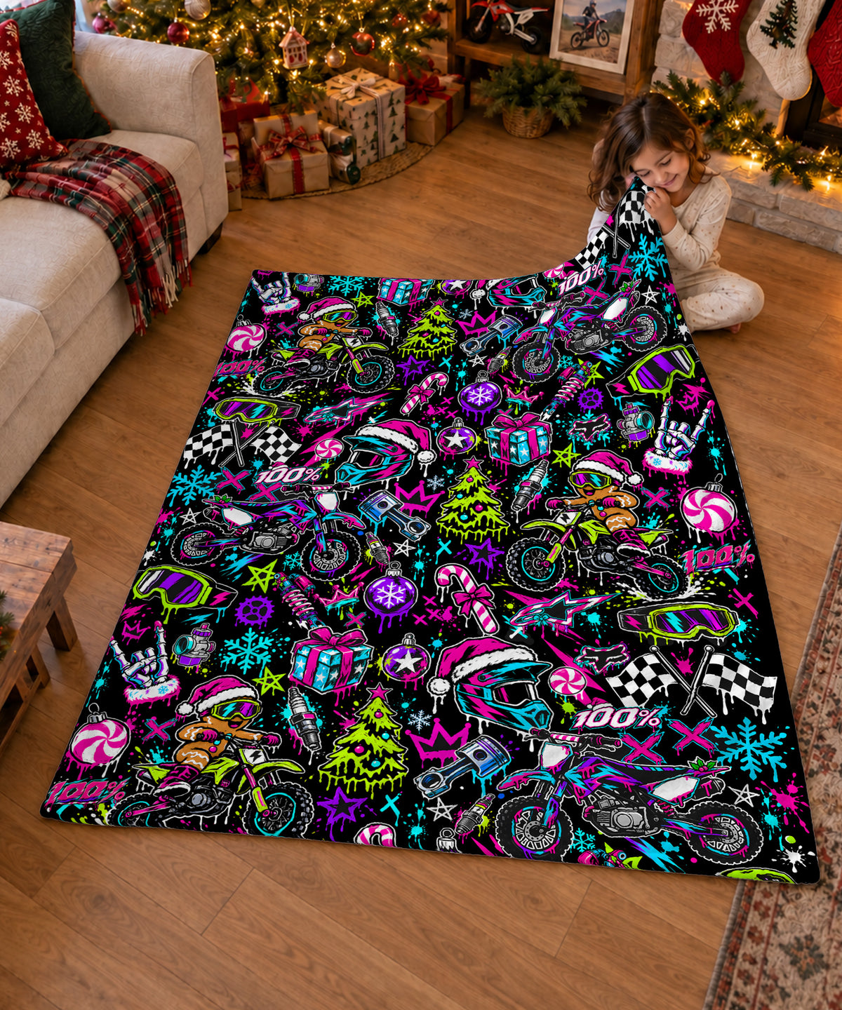Neon Glow Dirt Bike Christmas Sherpa Blanket