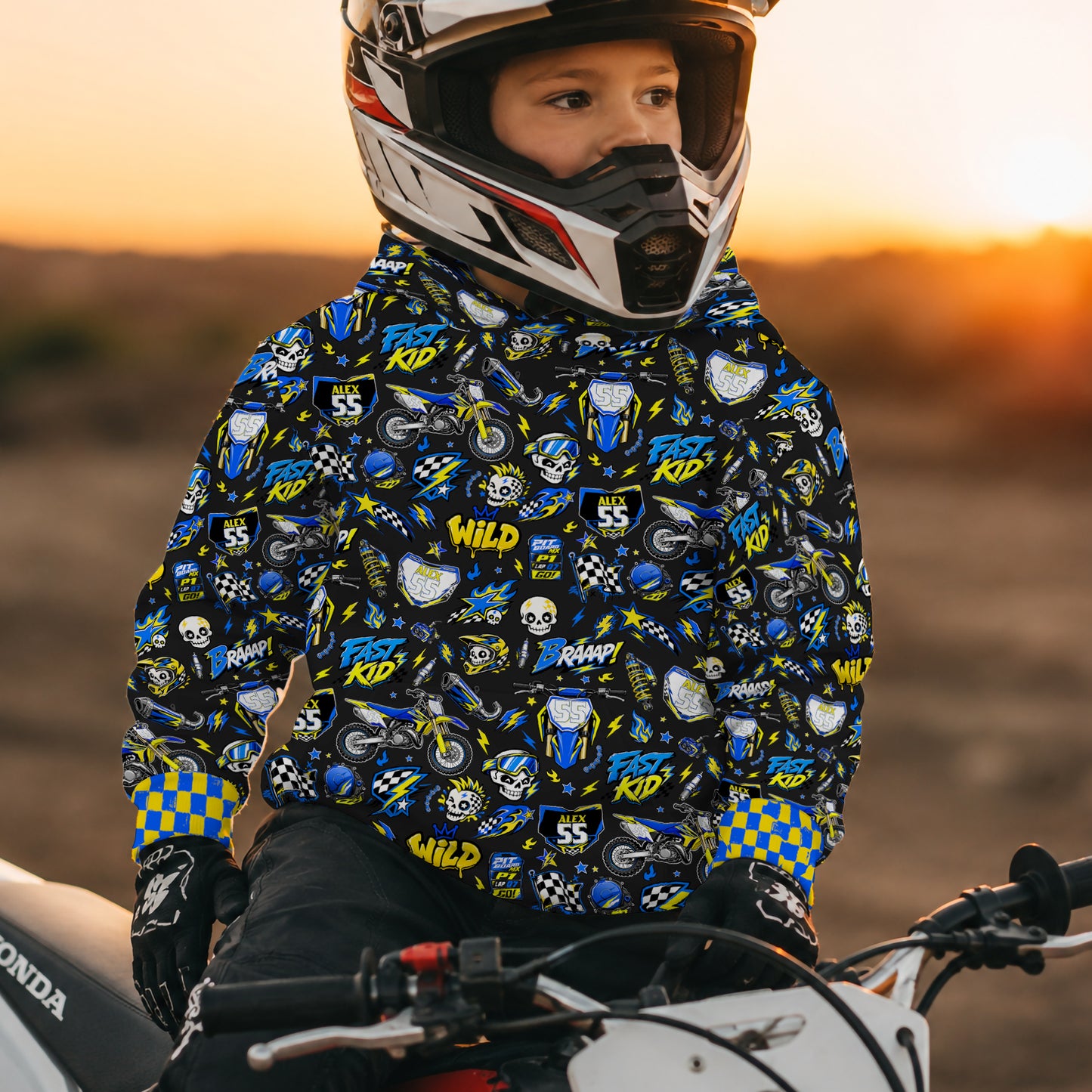 Kids Suzuki Yellow And Blue Dirt Bike Cotton Hoodie Personalized