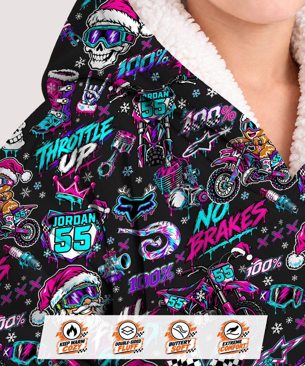 Personalized Neon Dirt Bike Christmas Snug Hoodie-Fleece