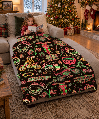 Personalized Neon Glow Dirt Bike Christmas Sherpa Blanket