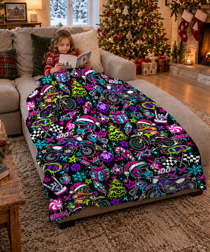 Neon Glow Dirt Bike Christmas Sherpa Blanket